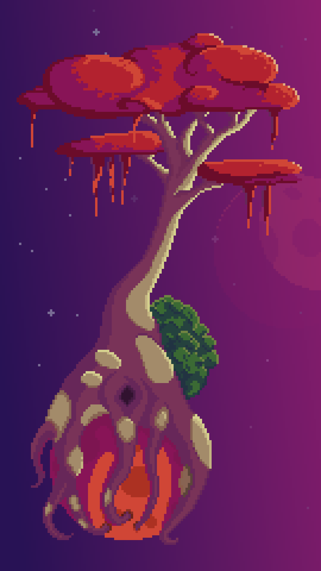 Image of a cyber tree growing on a rock in space. Pixelart by CreepBee
