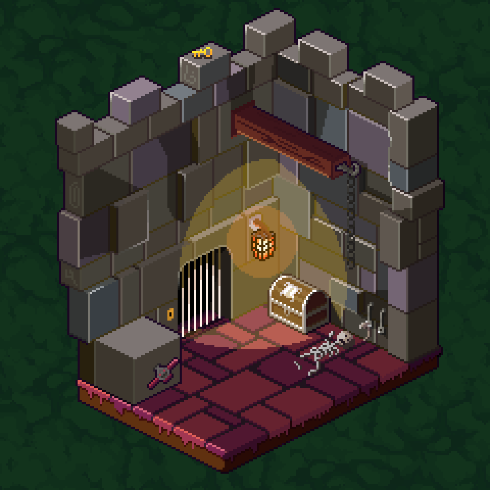 Image of a pixel dungeon with a skeleton and a treasure chest. Pixelart by CreepBee