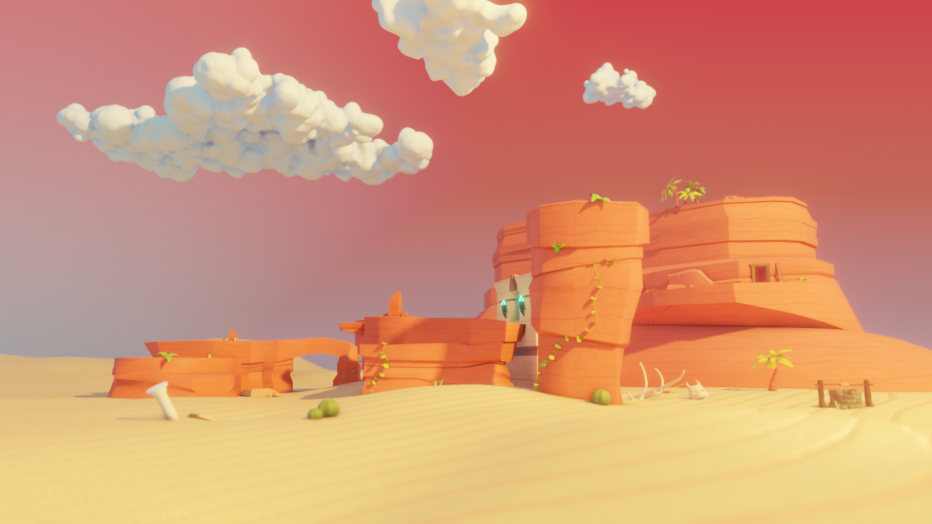 Image of a low poly desert scene with mountains and a temple. Done with Blender by CreepBee.